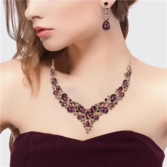 Bridal Wedding Jewelry Set Crystal Teardrop Necklace Dangle Earrings Women Gift - Picture 3 of 7